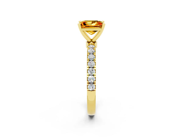 Yellow gold Princess Cut Citrine Solitaire Ring with Pavé Accents and Four-Prong Setting