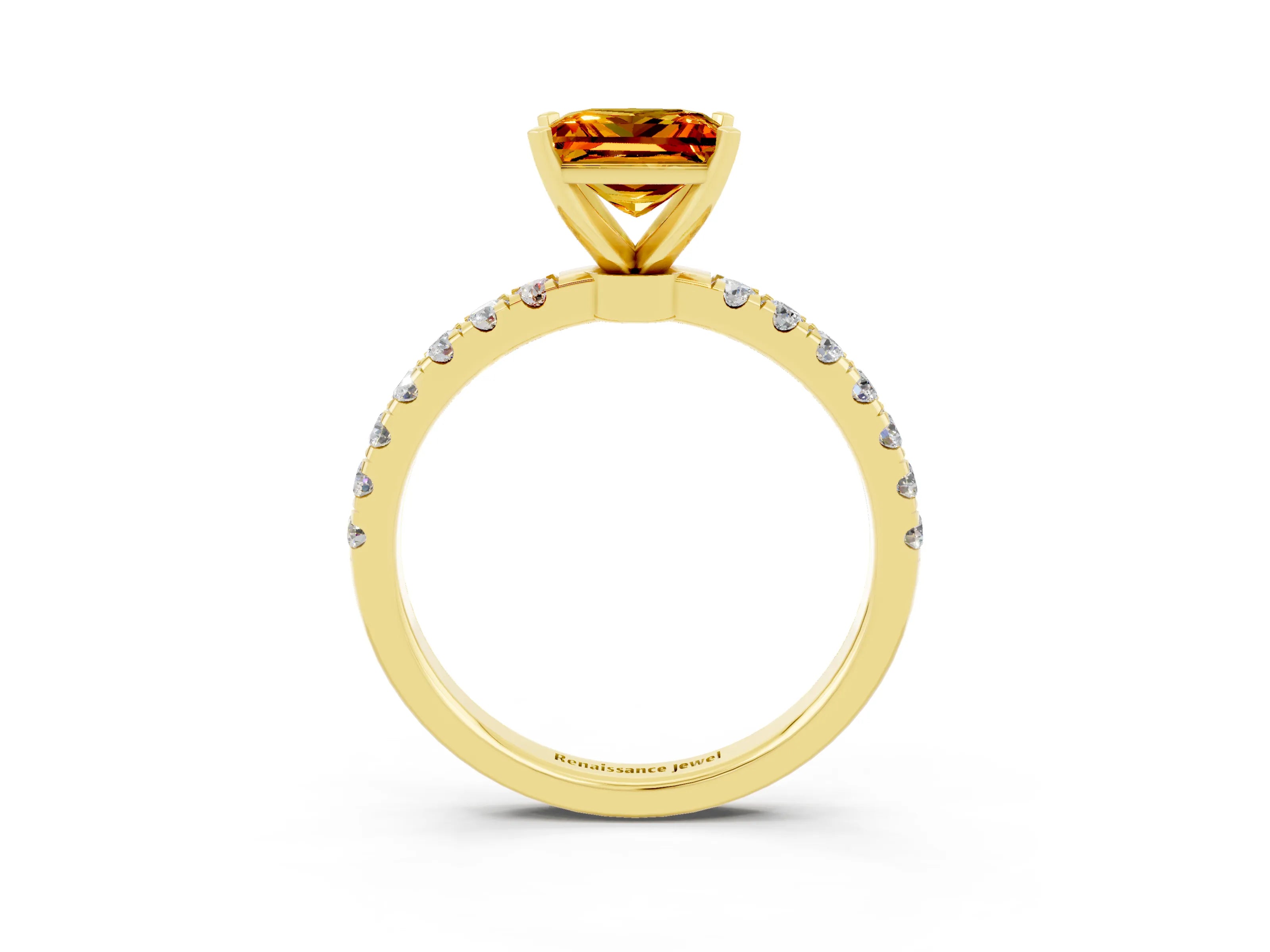 Yellow gold Princess Cut Citrine Solitaire Ring with Pavé Accents and Four-Prong Setting_3