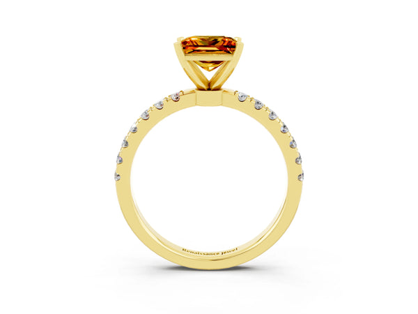 Yellow gold Princess Cut Citrine Solitaire Ring with Pavé Accents and Four-Prong Setting