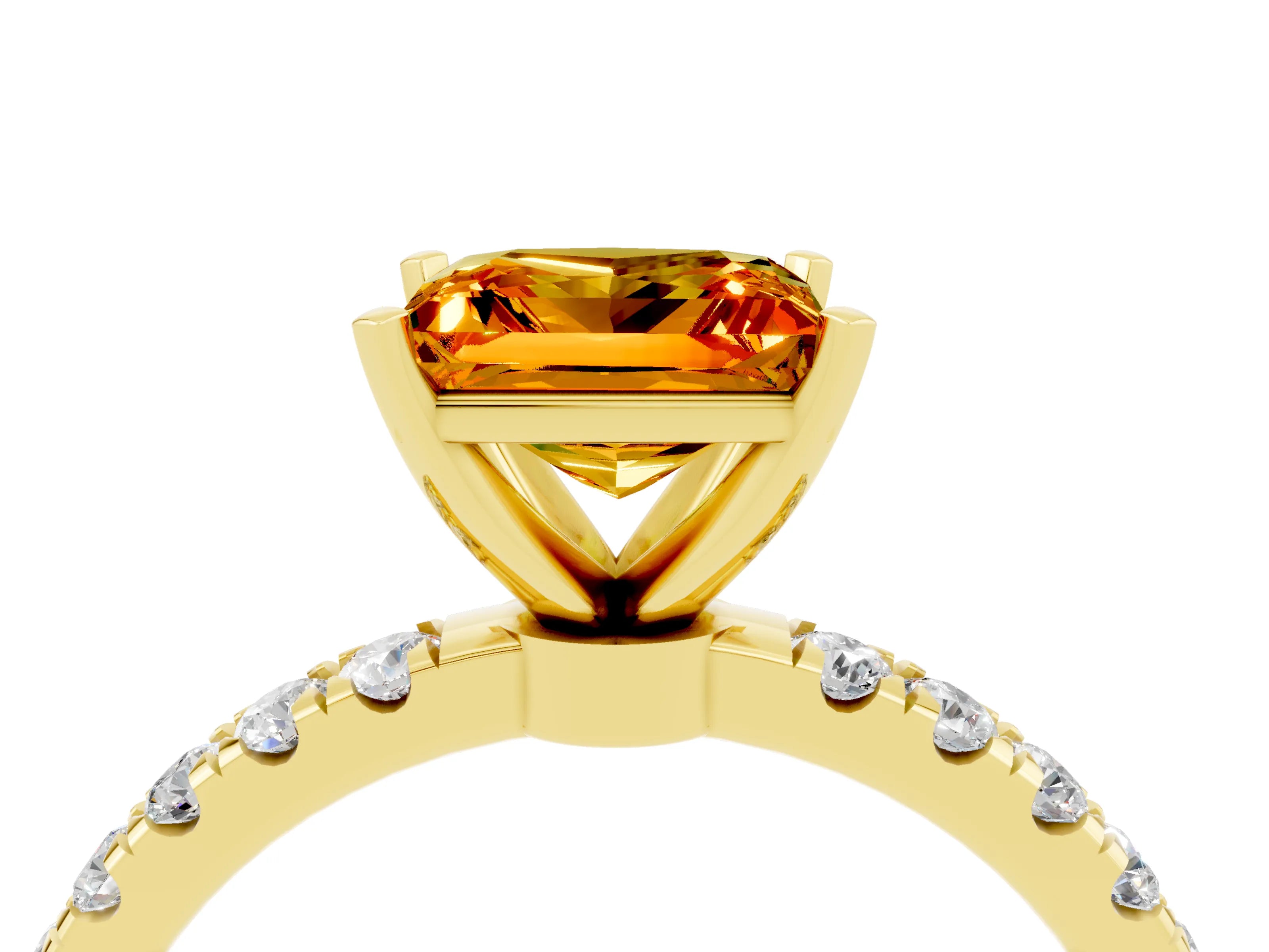 Yellow gold Princess Cut Citrine Solitaire Ring with Pavé Accents and Four-Prong Setting_4
