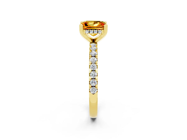 Yellow gold Princess Cut Citrine Solitaire Ring with Round  Pavé Band and Four-Prong Setting