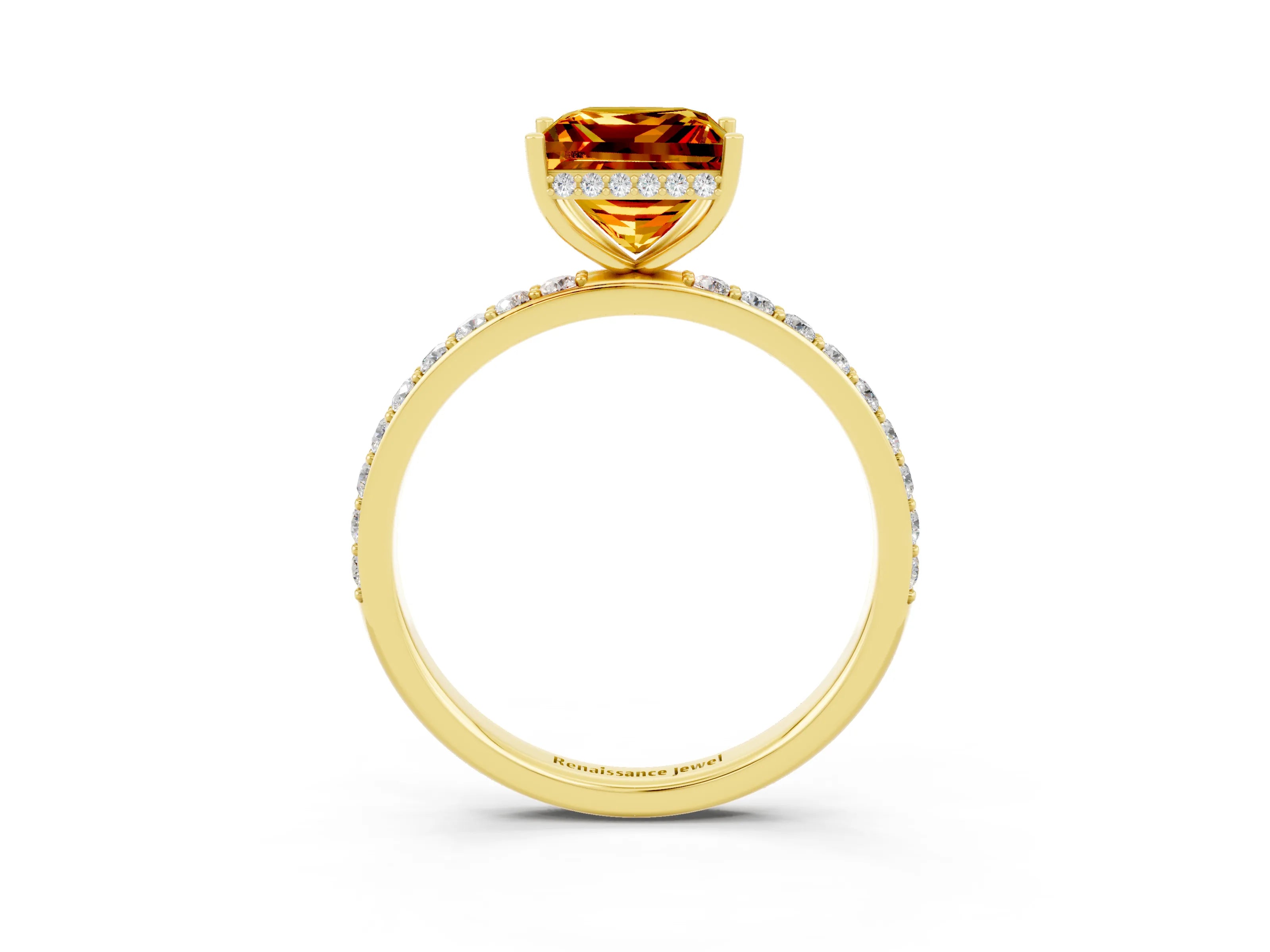 Yellow gold Princess Cut Citrine Solitaire Ring with Pavé Band and Hidden Halo_15