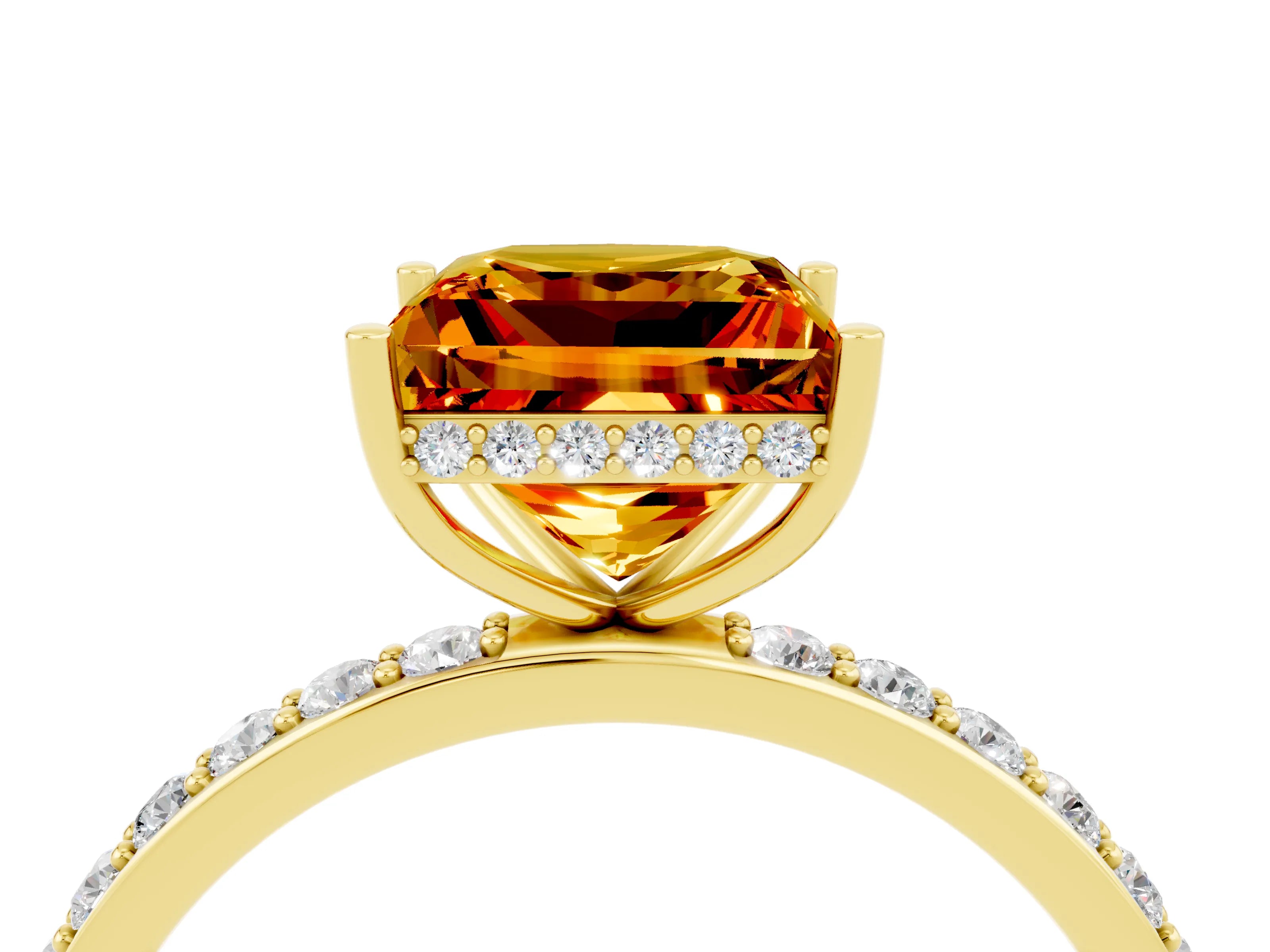 Yellow gold Princess Cut Citrine Solitaire Ring with Pavé Band and Hidden Halo_16