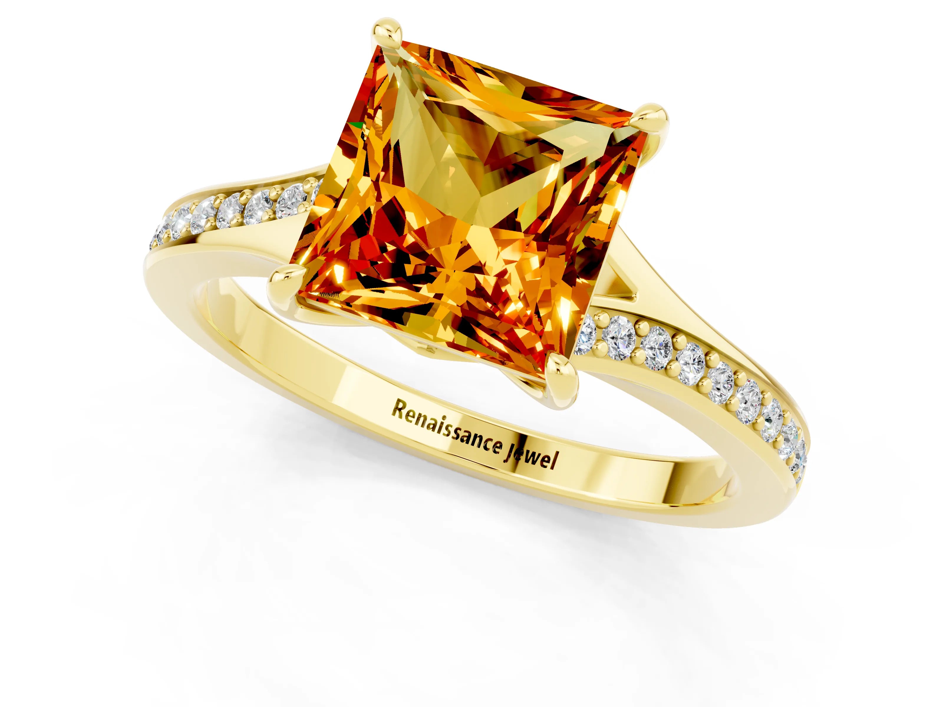 Yellow gold Princess Cut Citrine Solitaire Ring with Pavé Band and Prong Setting_1
