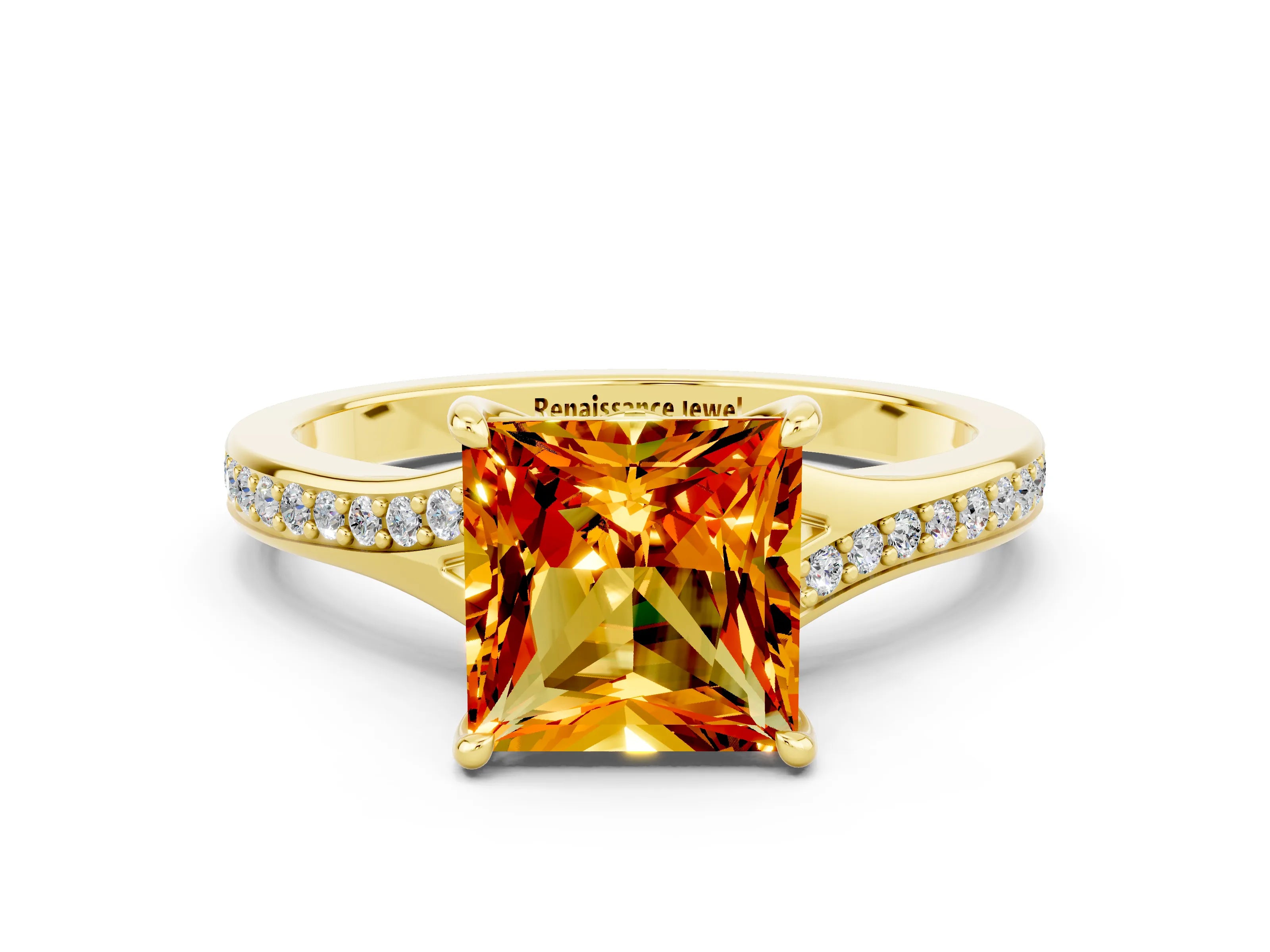Yellow gold Princess Cut Citrine Solitaire Ring with Pavé Band and Prong Setting_12