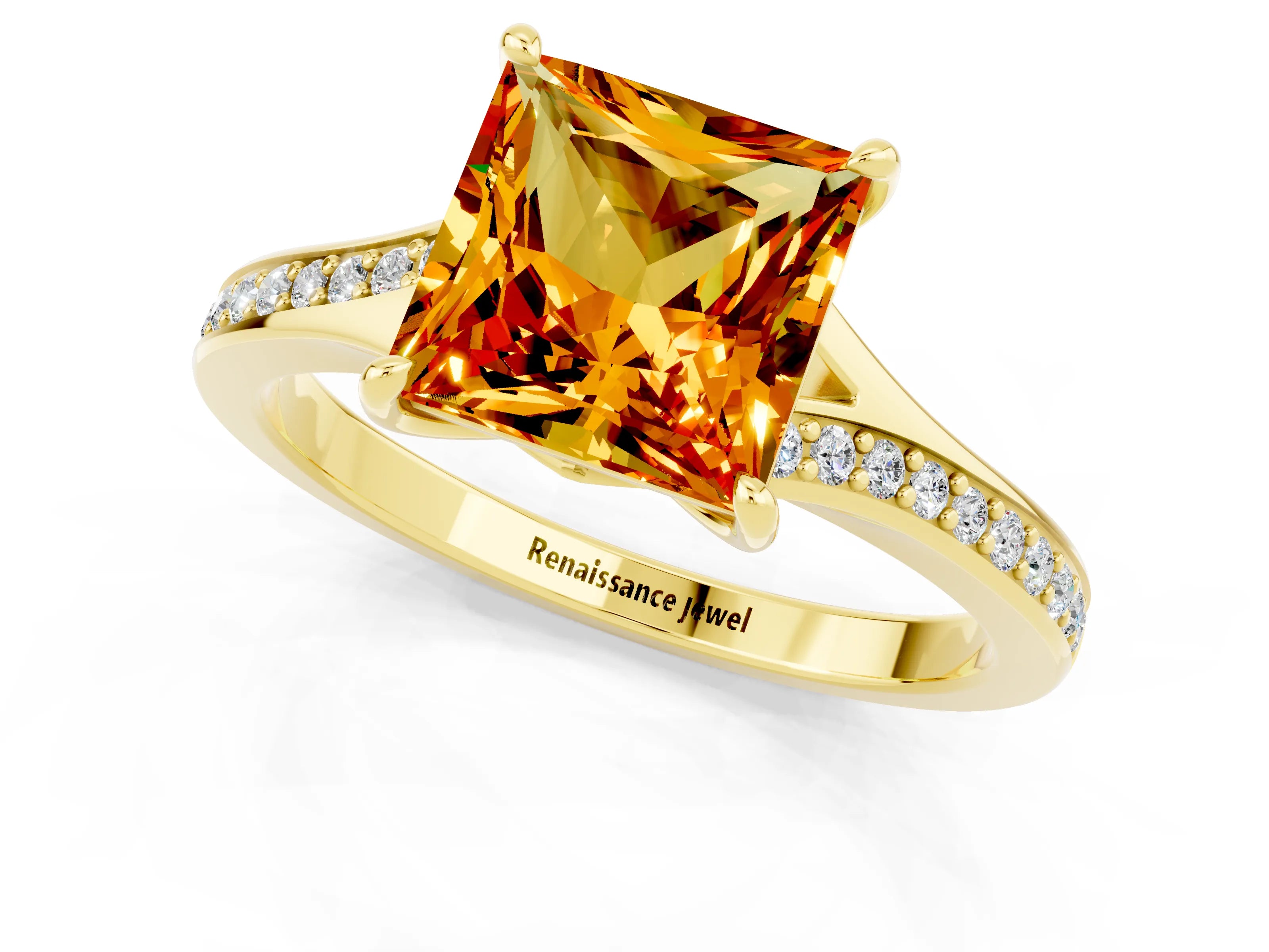 Yellow gold Princess Cut Citrine Solitaire Ring with Pavé Band and Prong Setting_13