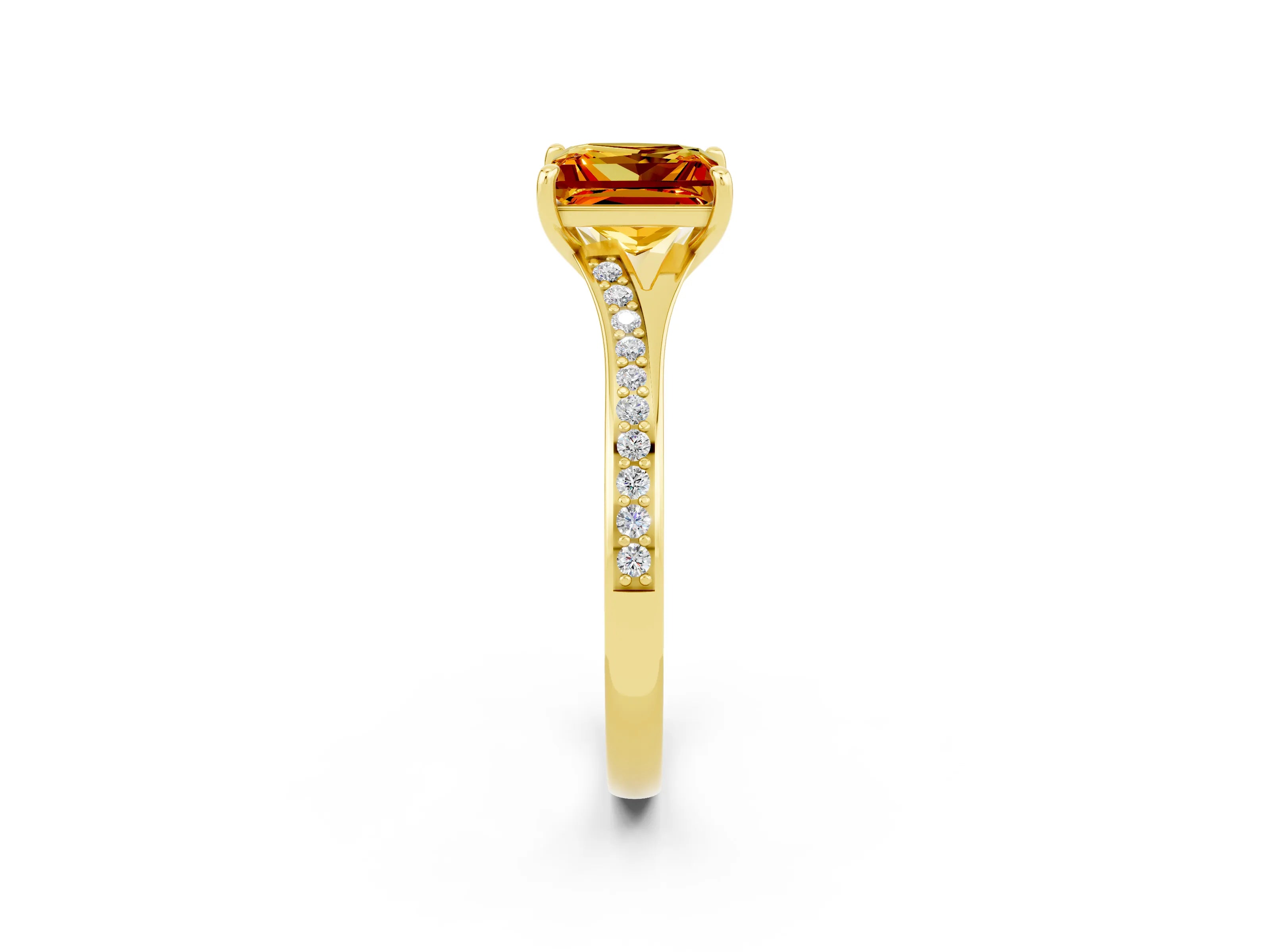 Yellow gold Princess Cut Citrine Solitaire Ring with Pavé Band and Prong Setting_14
