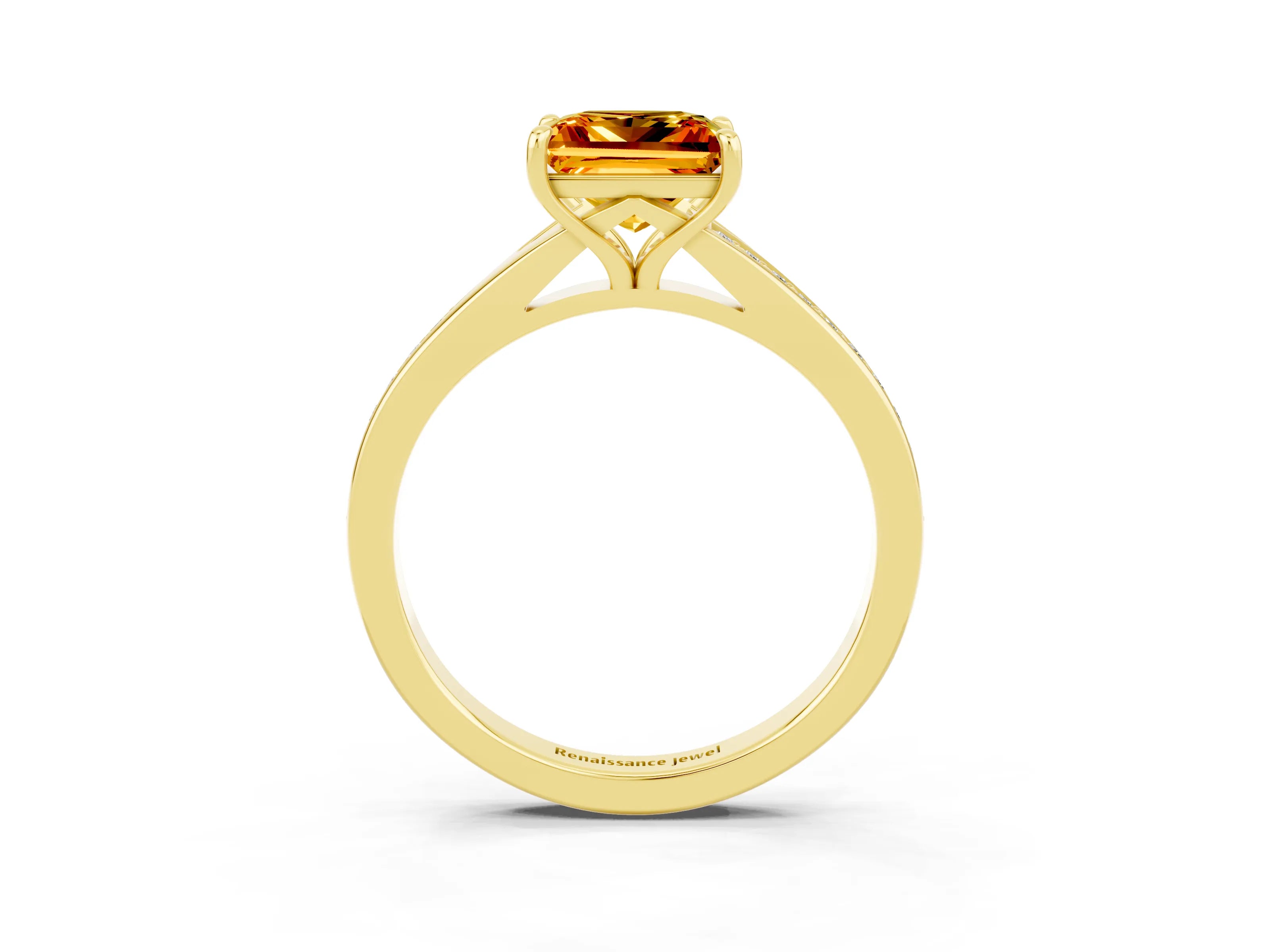 Yellow gold Princess Cut Citrine Solitaire Ring with Pavé Band and Prong Setting_15