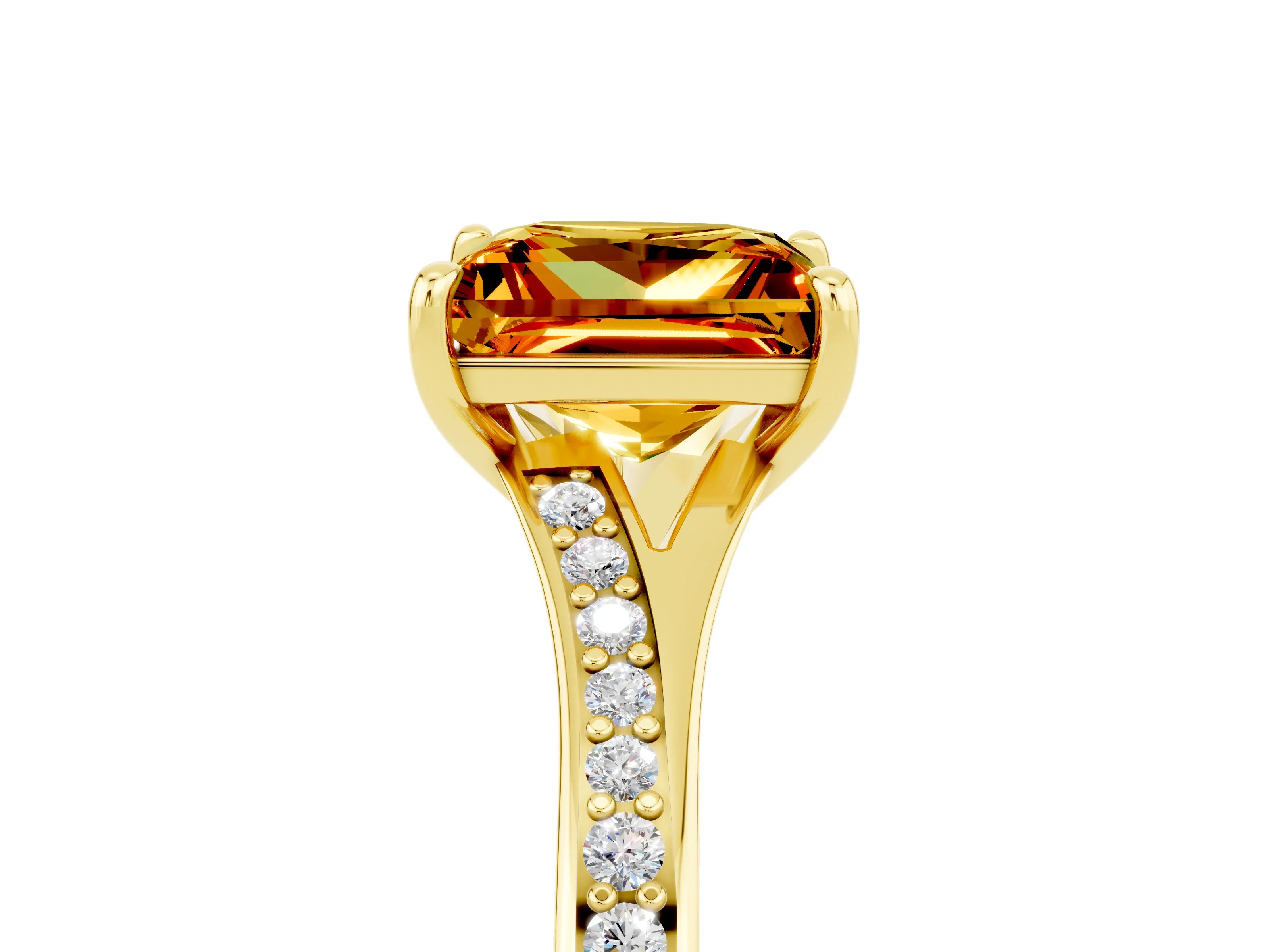 Yellow gold Princess Cut Citrine Solitaire Ring with Pavé Band and Prong Setting_17
