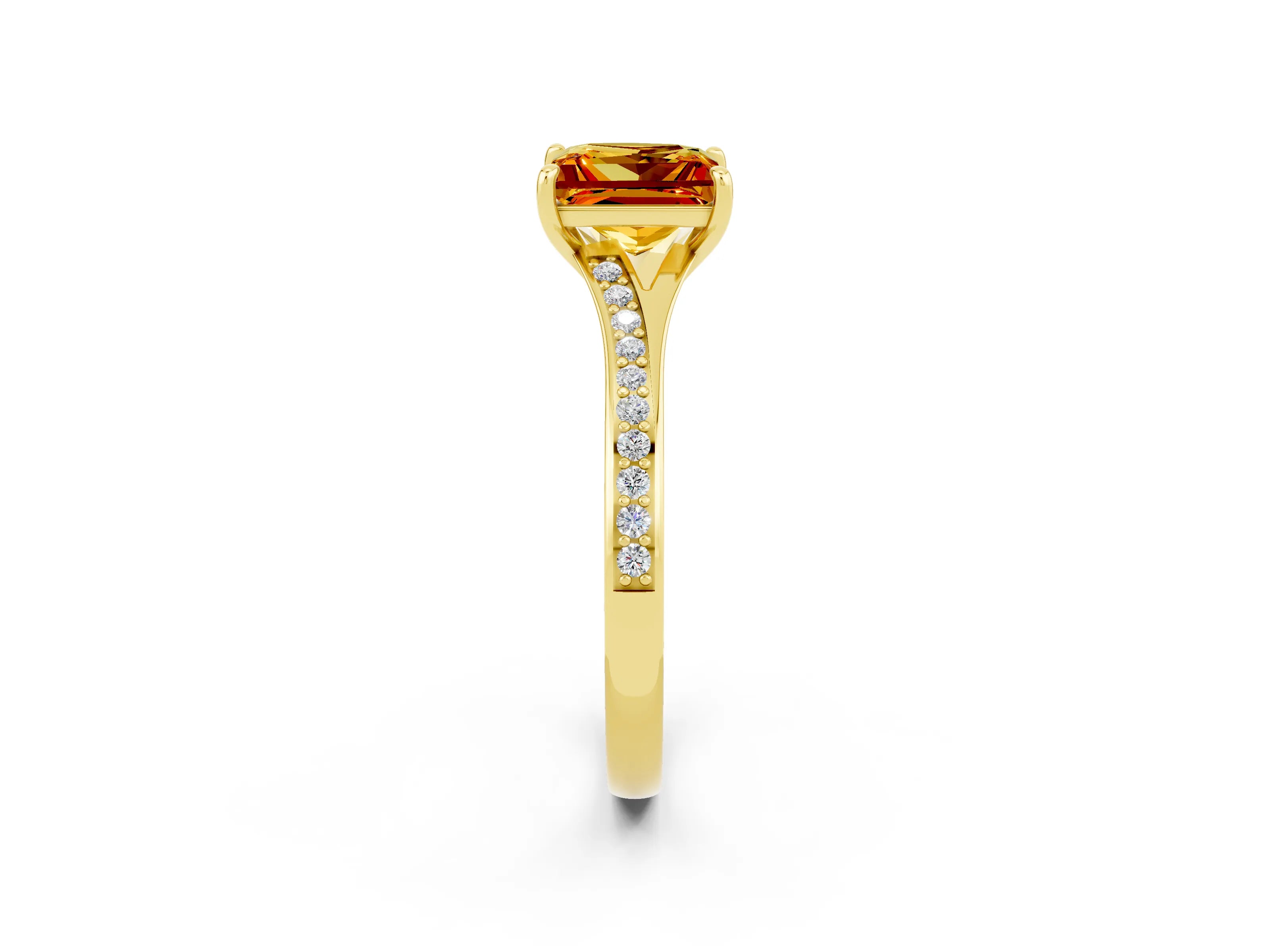 Yellow gold Princess Cut Citrine Solitaire Ring with Pavé Band and Prong Setting_2