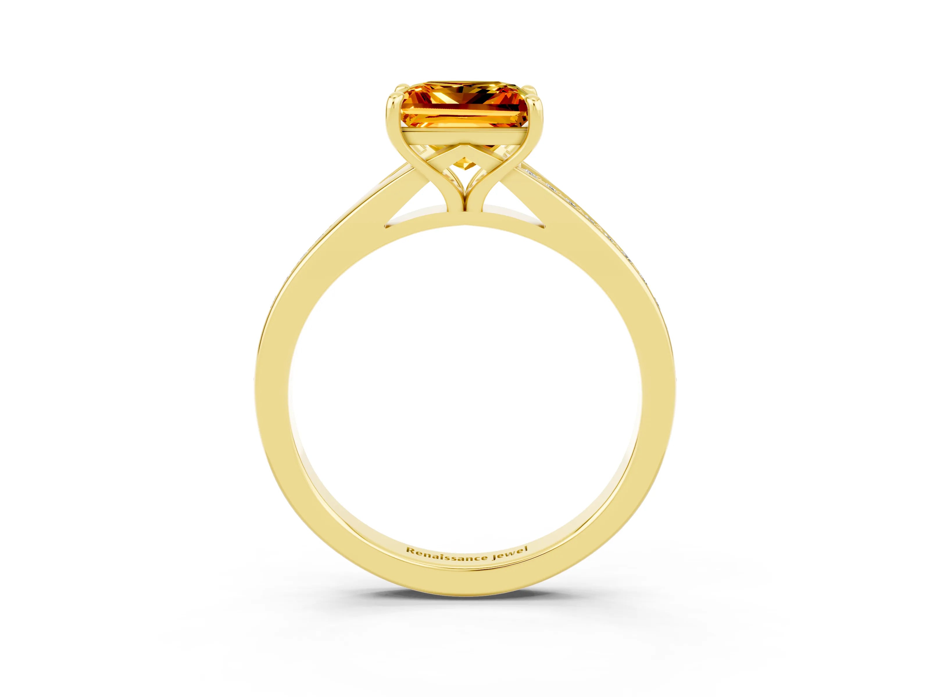 Yellow gold Princess Cut Citrine Solitaire Ring with Pavé Band and Prong Setting_3