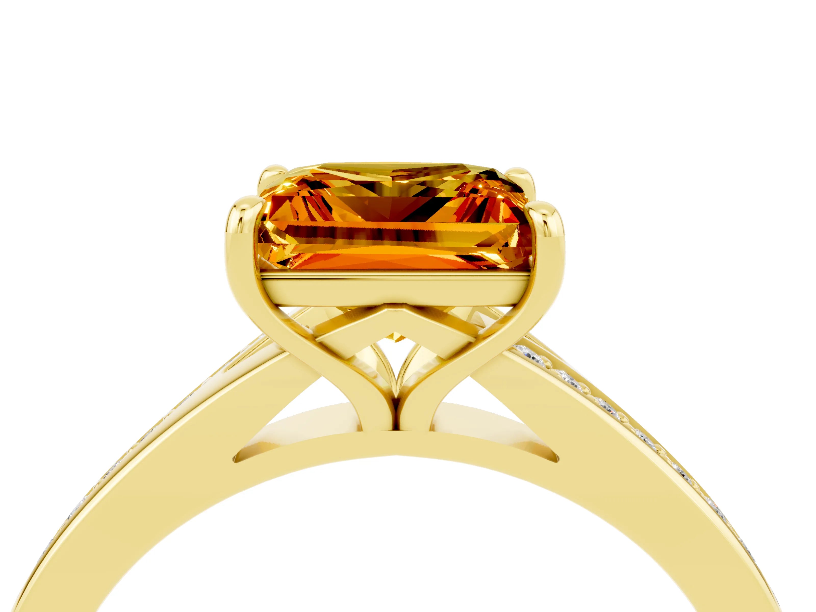 Yellow gold Princess Cut Citrine Solitaire Ring with Pavé Band and Prong Setting_4