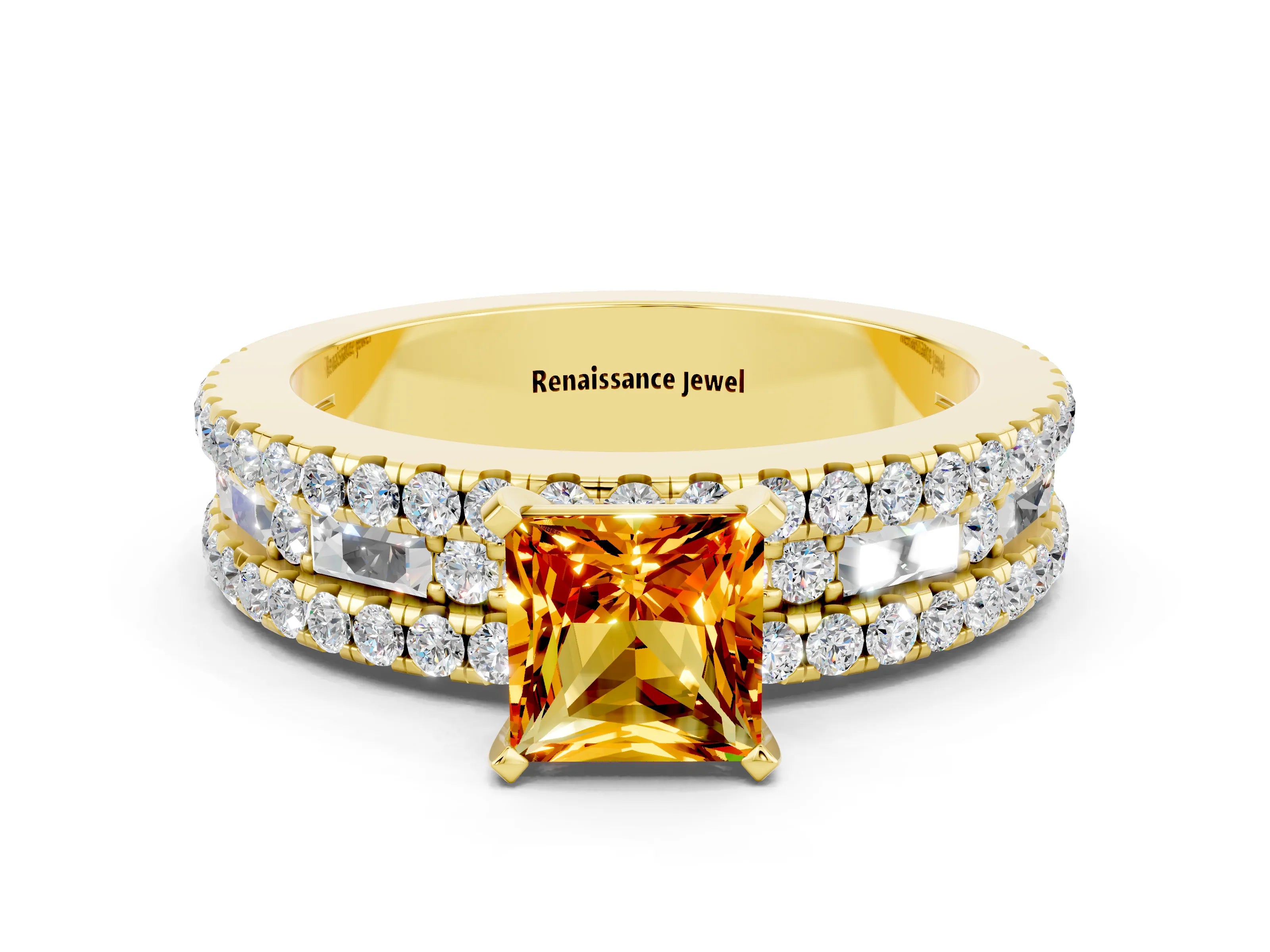 Yellow gold Princess Cut Citrine Solitaire Ring with Pavé and Channel Set Band