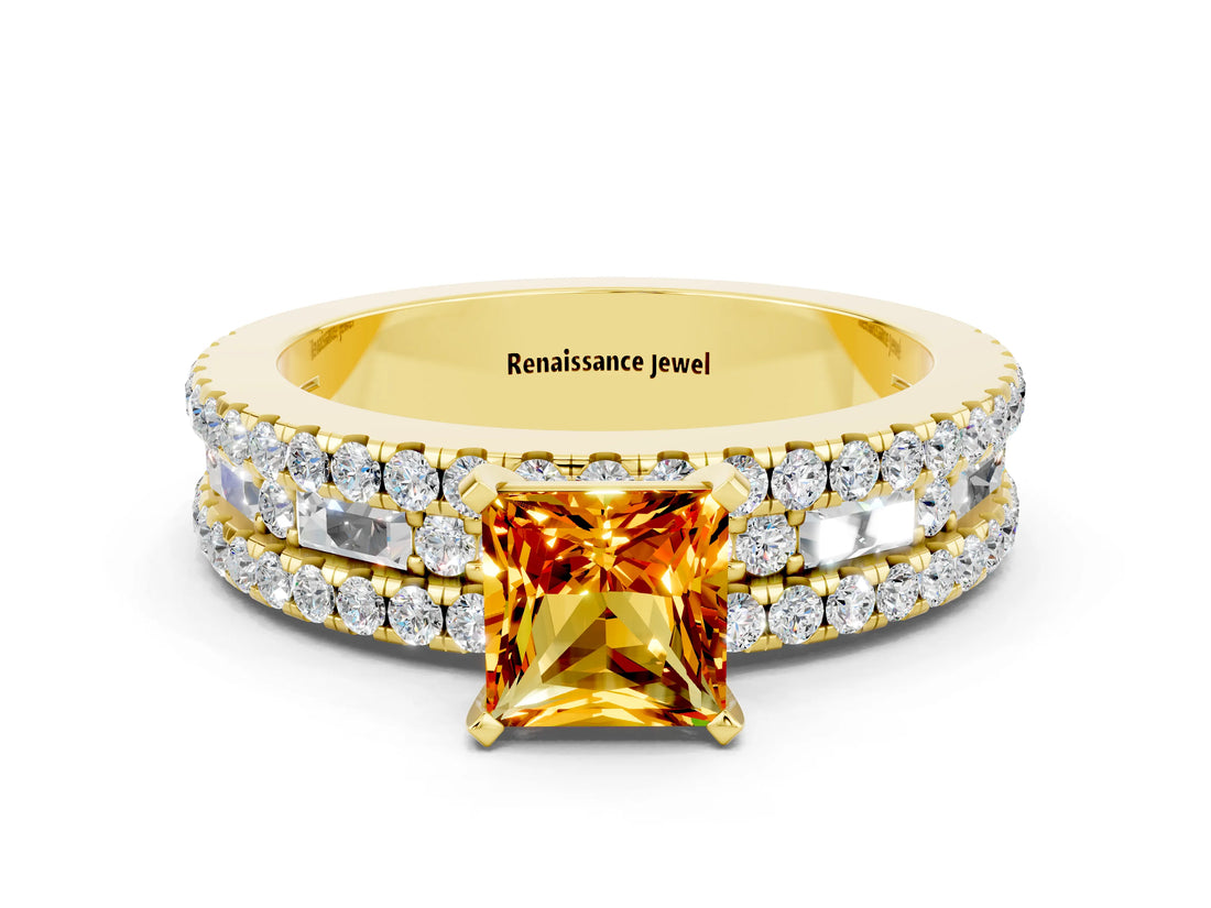 Yellow gold Princess Cut Citrine Solitaire Ring with Pavé and Channel Set Band