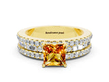 Yellow gold Princess Cut Citrine Solitaire Ring with Pavé and Channel Set Band