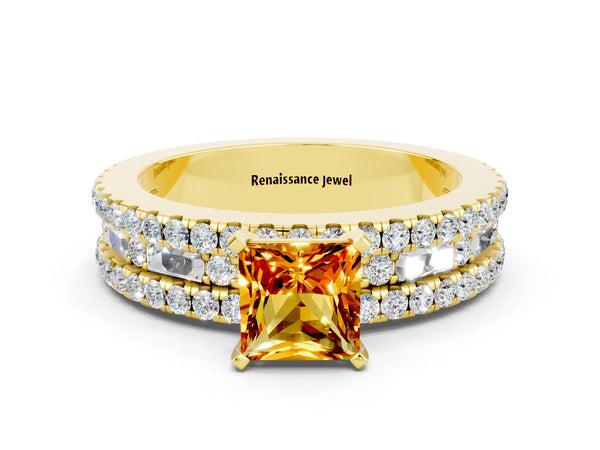 Yellow gold Princess Cut Citrine Solitaire Ring with Pavé and Channel Set Band