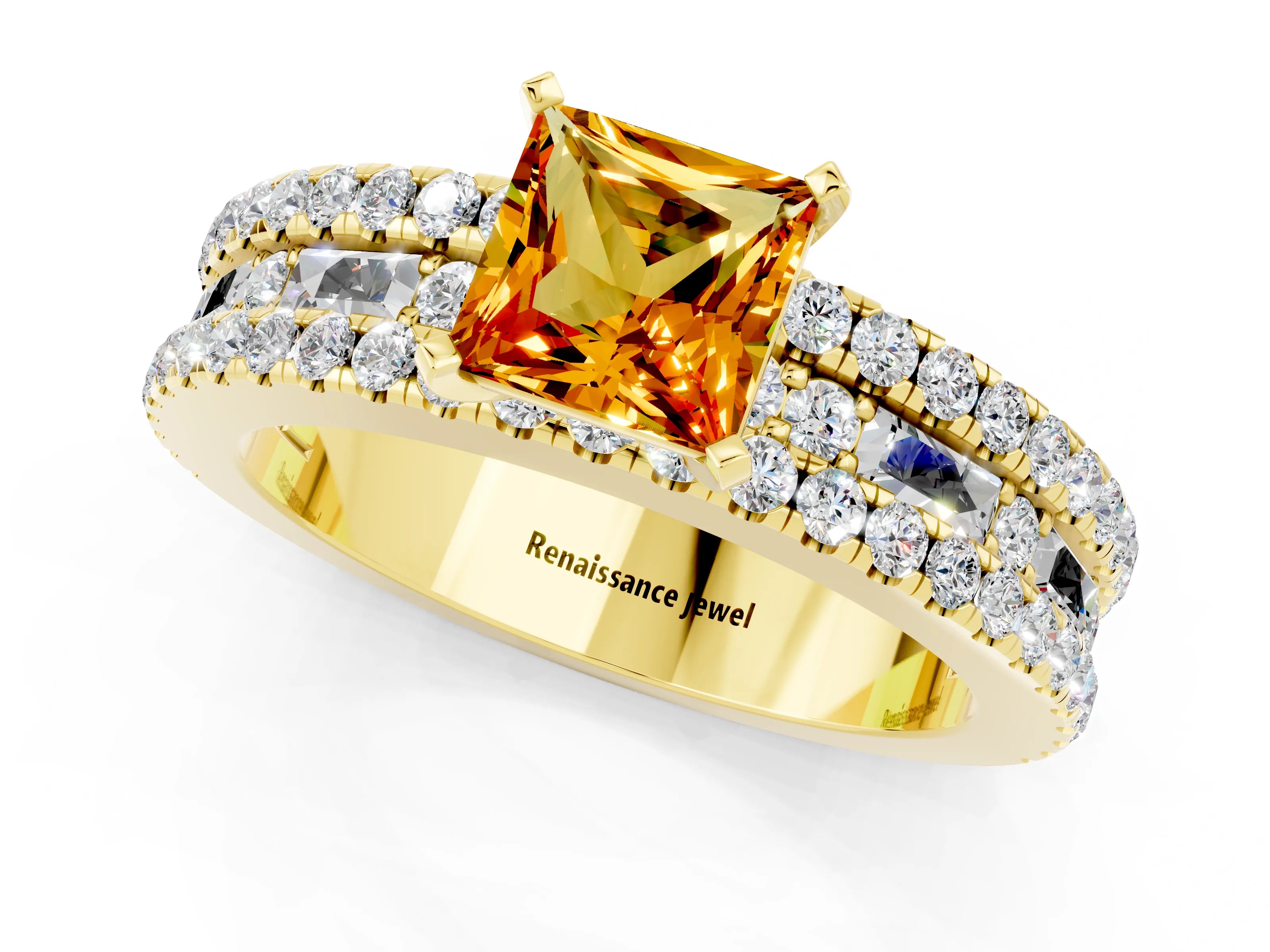 Yellow gold Princess Cut Citrine Solitaire Ring with Pavé and Channel Set Band_1