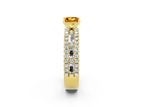 Yellow gold Princess Cut Citrine Solitaire Ring with Pavé and Channel Set Band