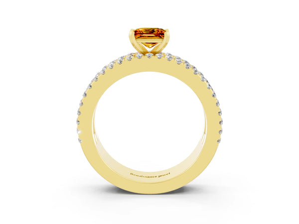 Yellow gold Princess Cut Citrine Solitaire Ring with Pavé and Channel Set Band