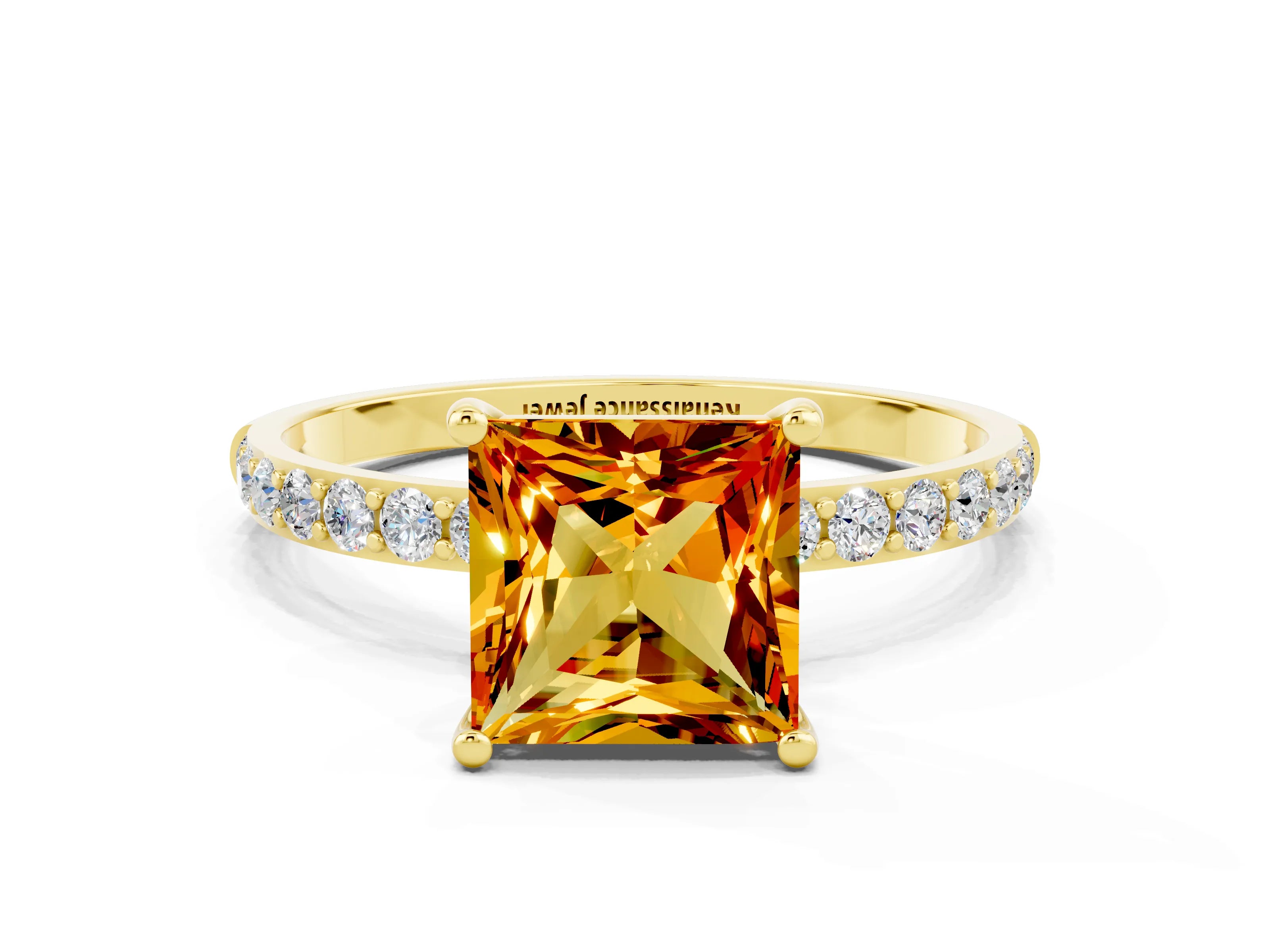 Yellow gold Princess Cut Citrine Solitaire Ring with Pave Band and Four Prong Setting_12