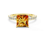 Yellow gold Princess Cut Citrine Solitaire Ring with Pave Band and Four Prong Setting_12