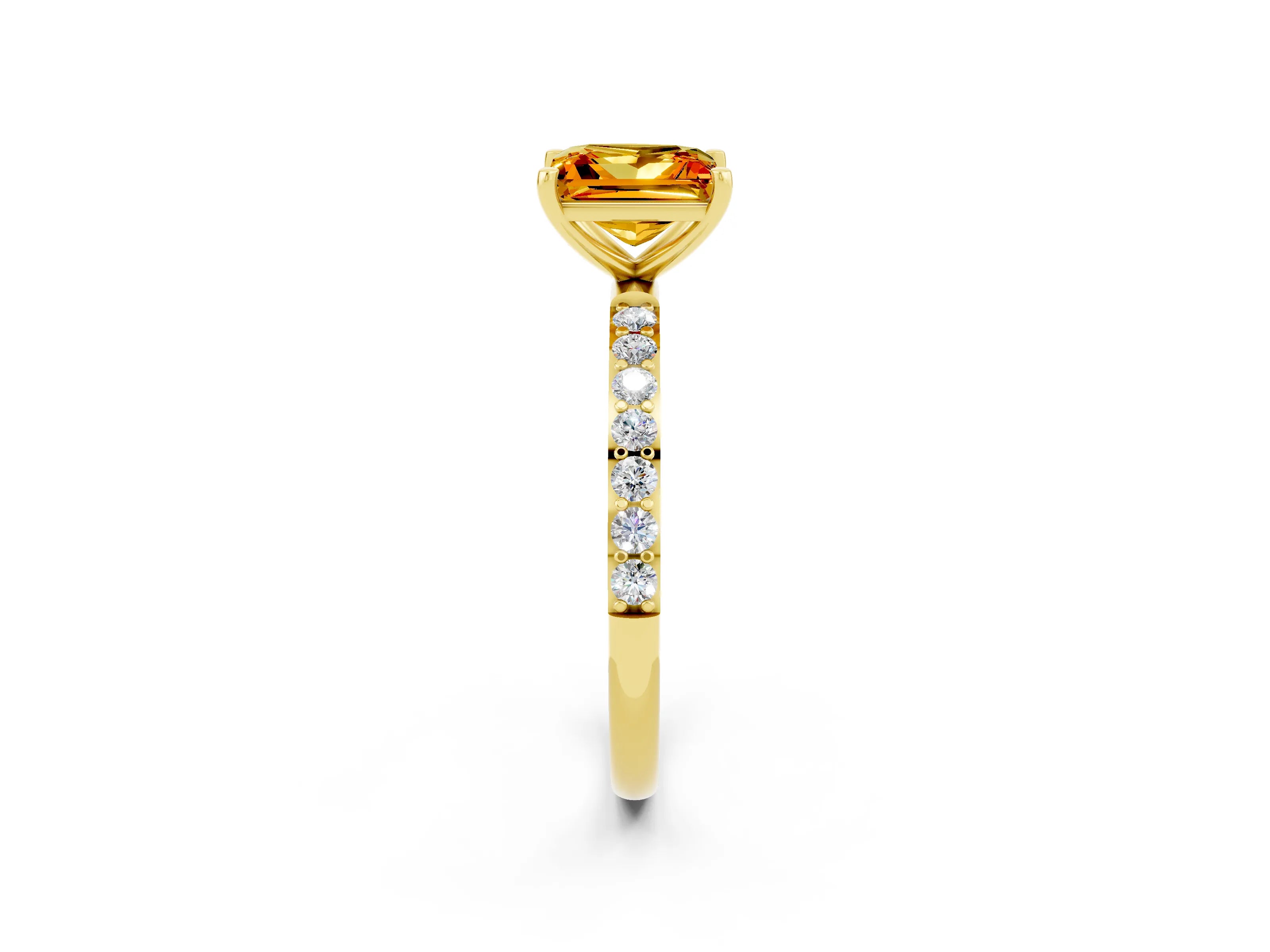 Yellow gold Princess Cut Citrine Solitaire Ring with Pave Band and Four Prong Setting_14