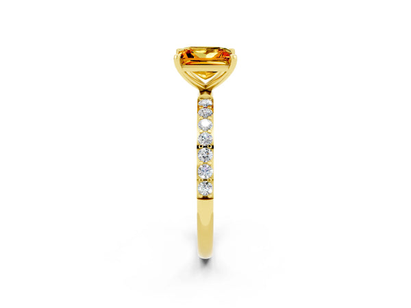 Yellow gold Princess Cut Citrine Solitaire Ring with Round  Pavé Band and Prong Setting