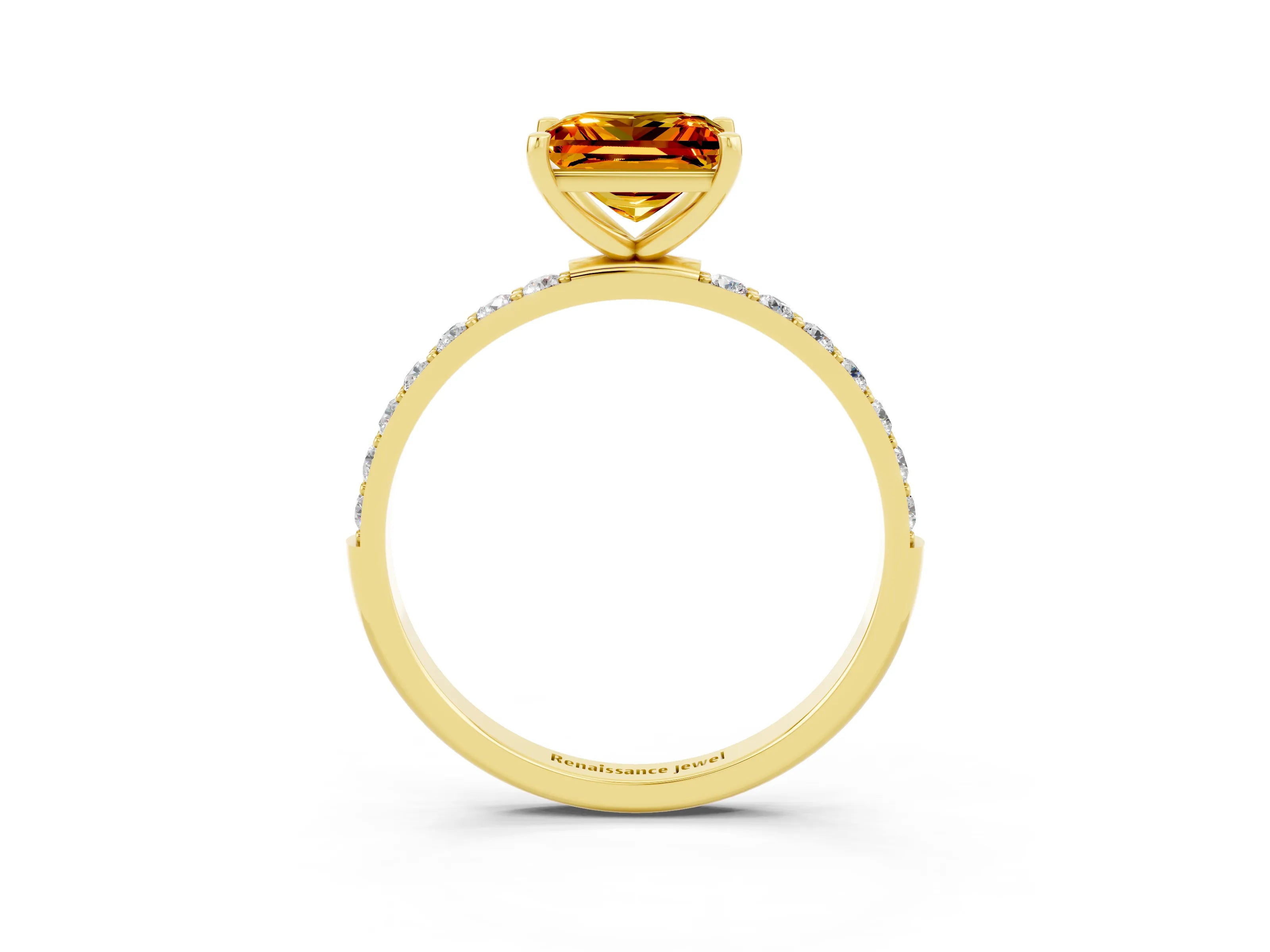 Yellow gold Princess Cut Citrine Solitaire Ring with Pave Band and Four Prong Setting_15