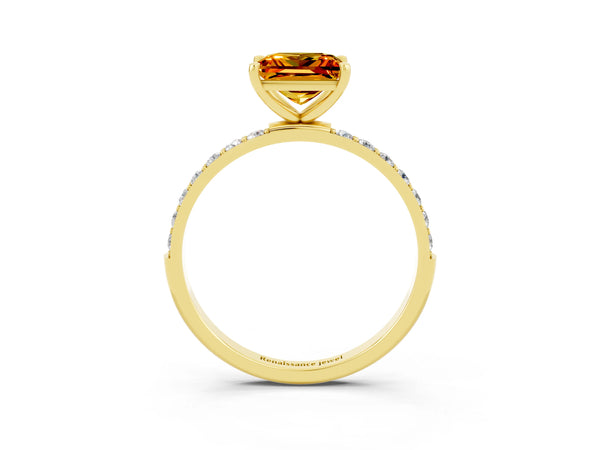 Yellow gold Princess Cut Citrine Solitaire Ring with Round  Pavé Band and Prong Setting