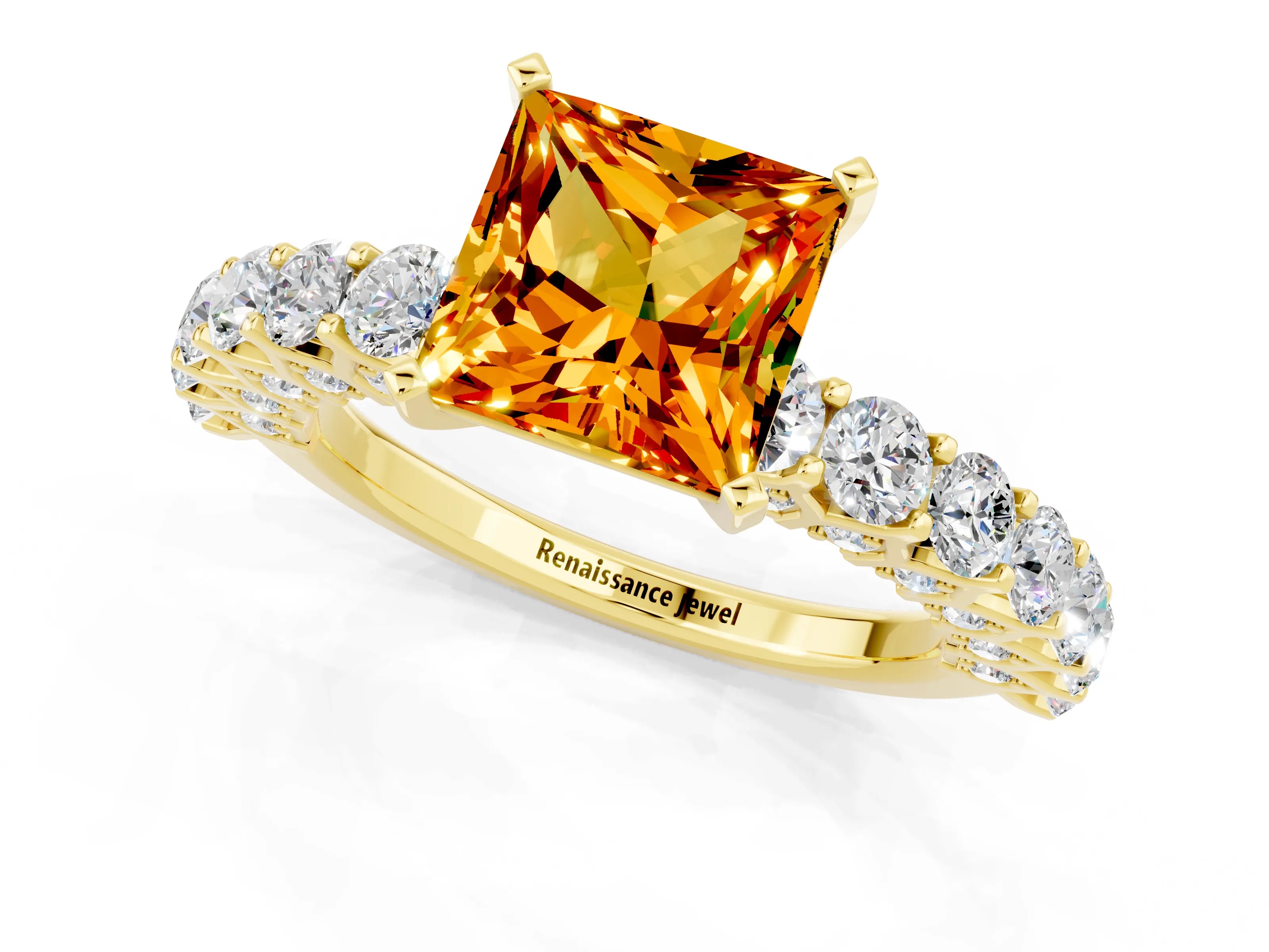 Yellow gold Princess Cut Citrine Solitaire Ring with Shared Prong Pavé Band and Four-Prong Setting_1