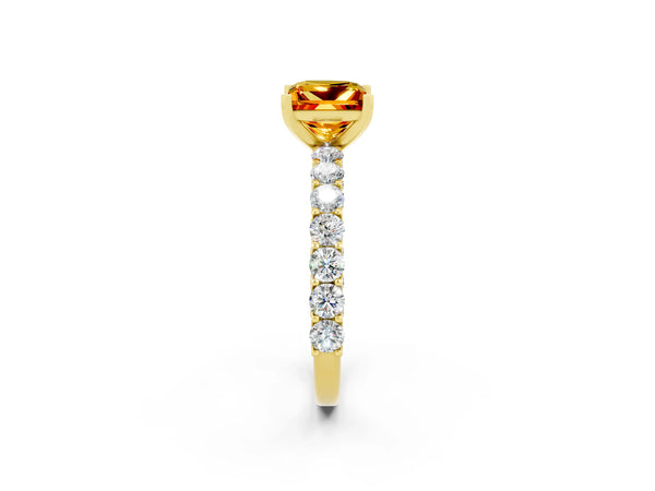 Yellow gold Princess Cut Citrine Solitaire Ring with Shared Prong Pavé Band and Four-Prong Setting
