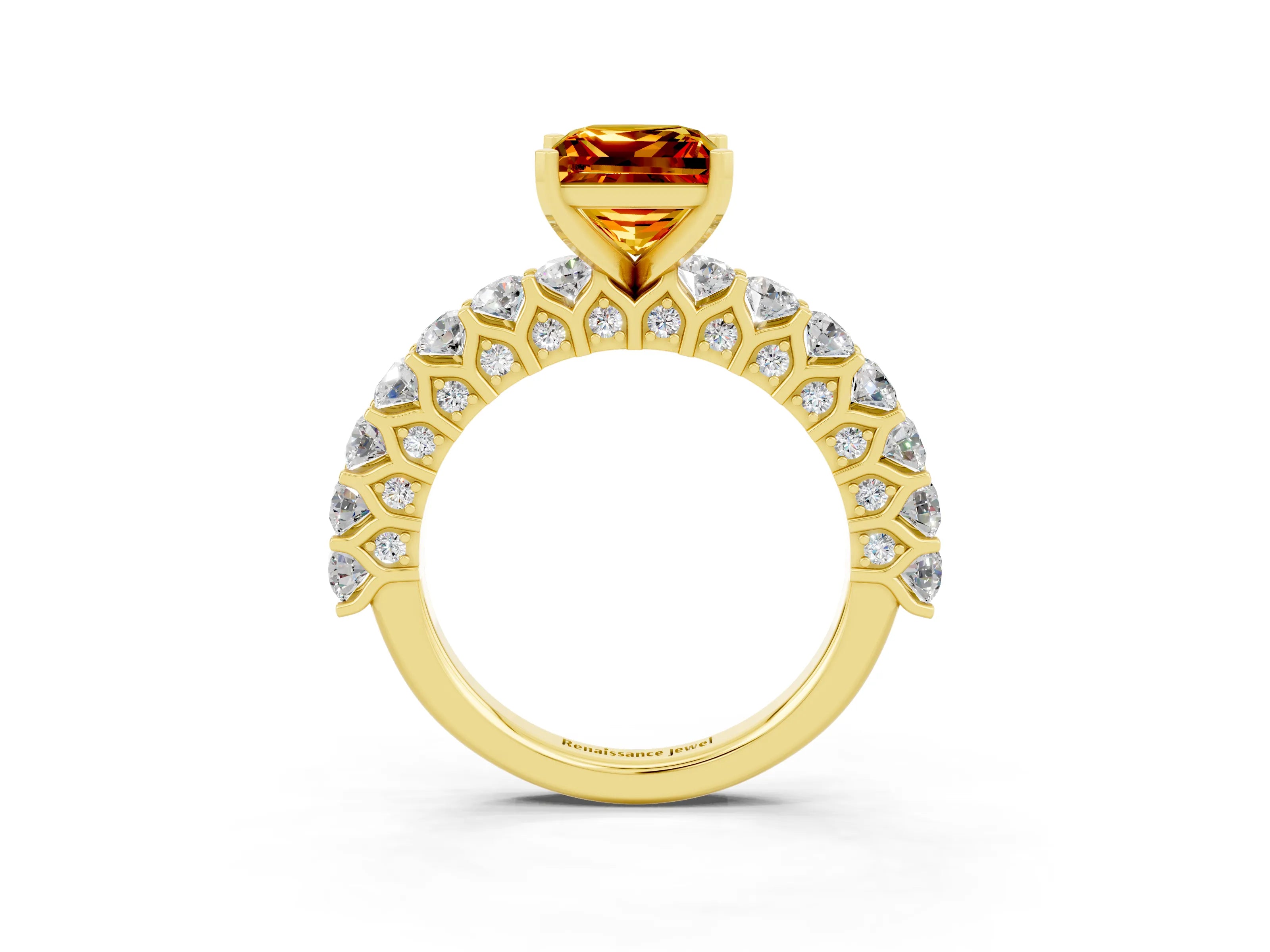 Yellow gold Princess Cut Citrine Solitaire Ring with Shared Prong Pavé Band and Four-Prong Setting_3
