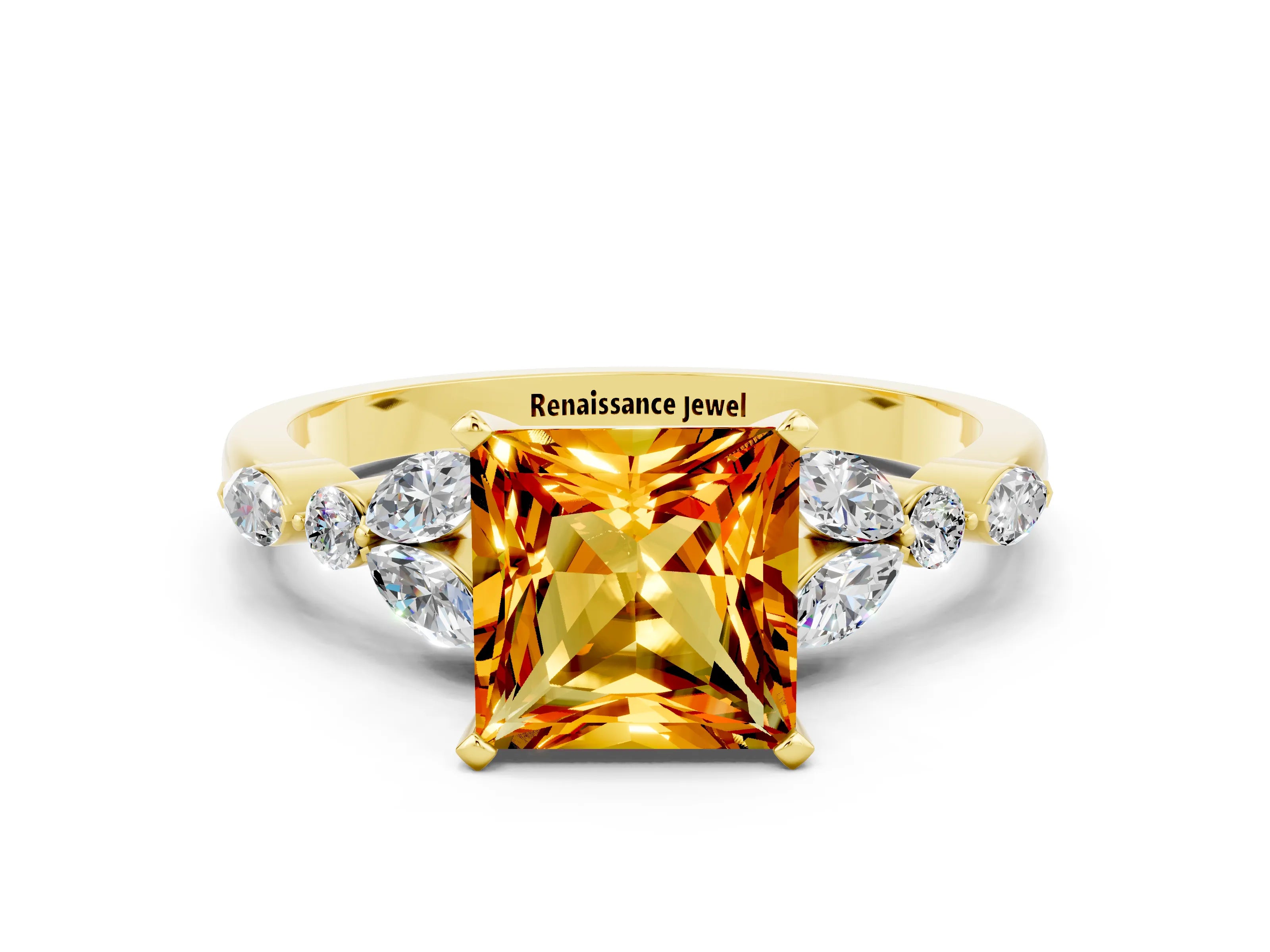 Yellow gold Princess Cut Citrine Solitaire Ring with Side Stones and Four-Prong Setting_12