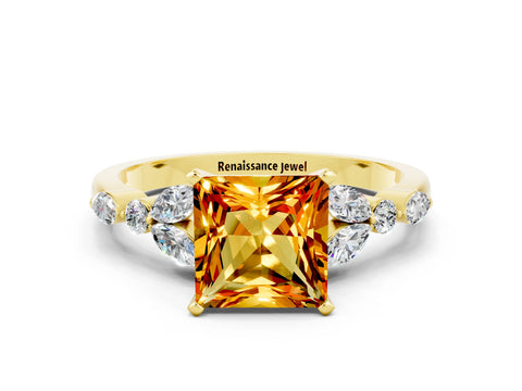 Yellow gold Princess Cut Citrine Solitaire Ring with Side Stones and Four-Prong Setting_12