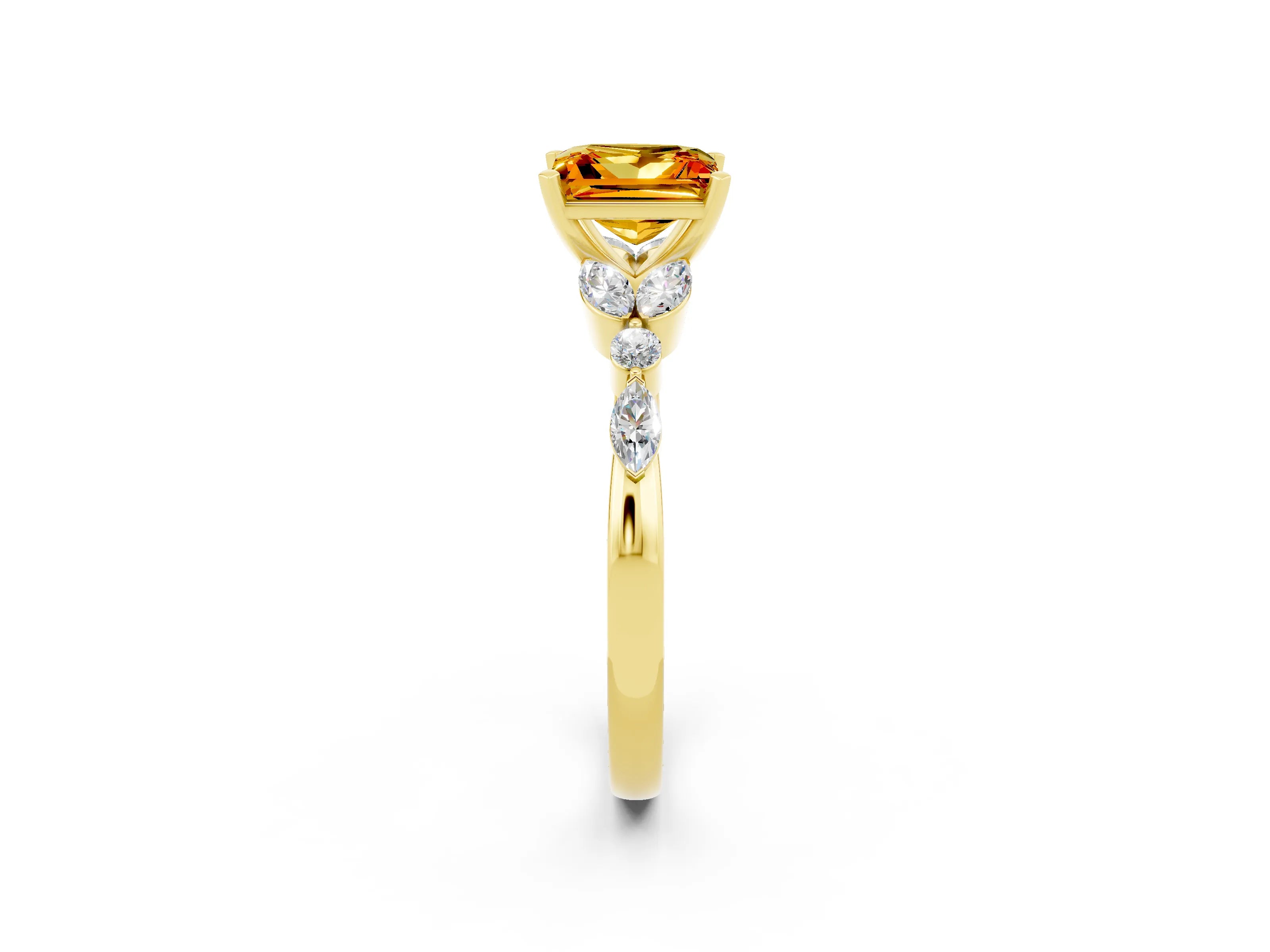 Yellow gold Princess Cut Citrine Solitaire Ring with Side Stones and Four-Prong Setting_14