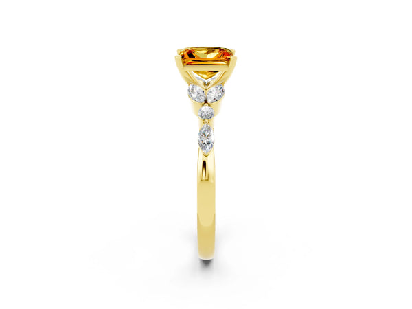 Yellow gold Princess Cut Citrine Solitaire Ring with Side Stones and Four-Prong Setting