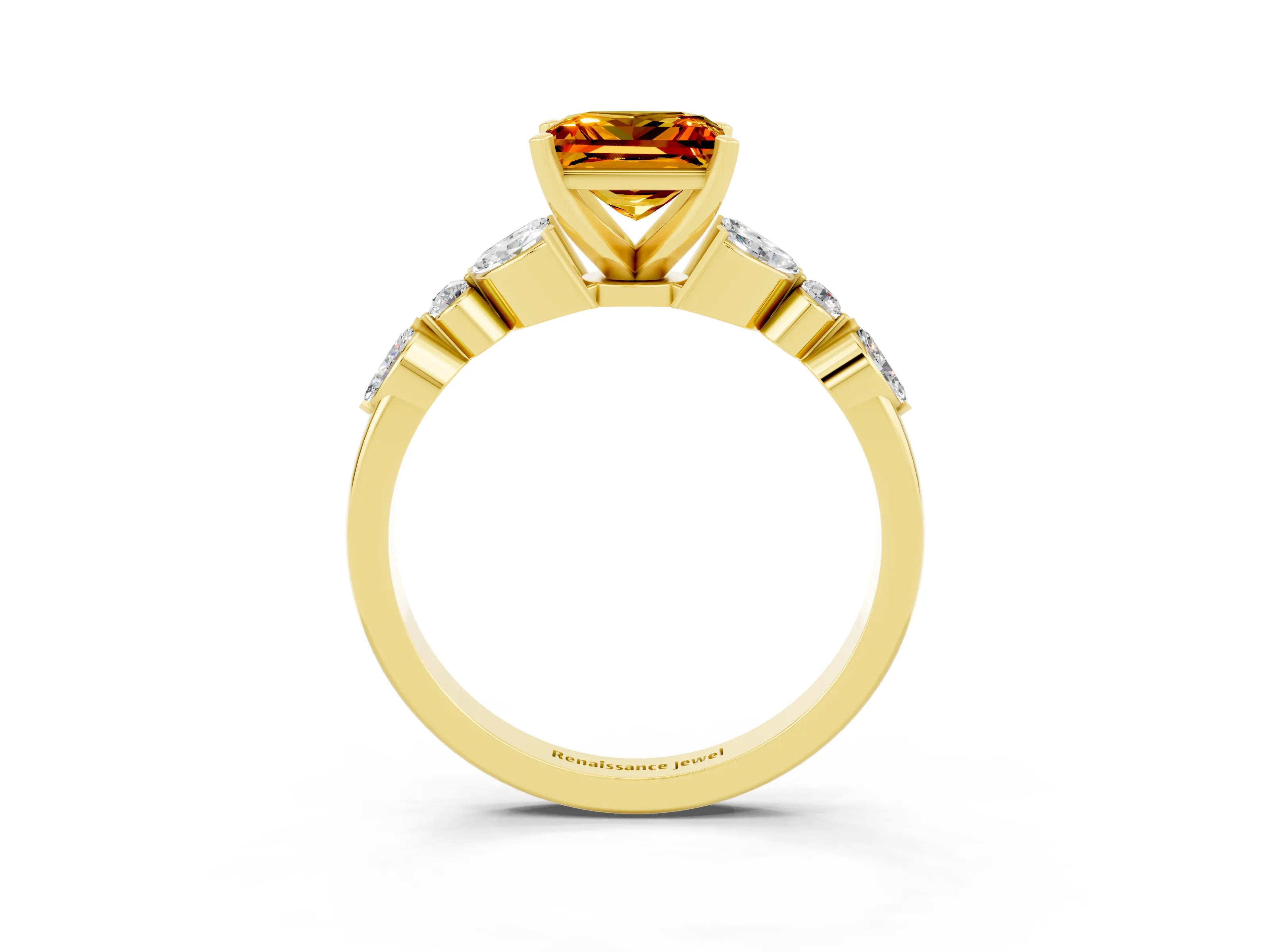 Yellow gold Princess Cut Citrine Solitaire Ring with Side Stones and Four-Prong Setting_15