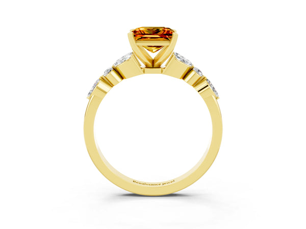 Yellow gold Princess Cut Citrine Solitaire Ring with Side Stones and Four-Prong Setting