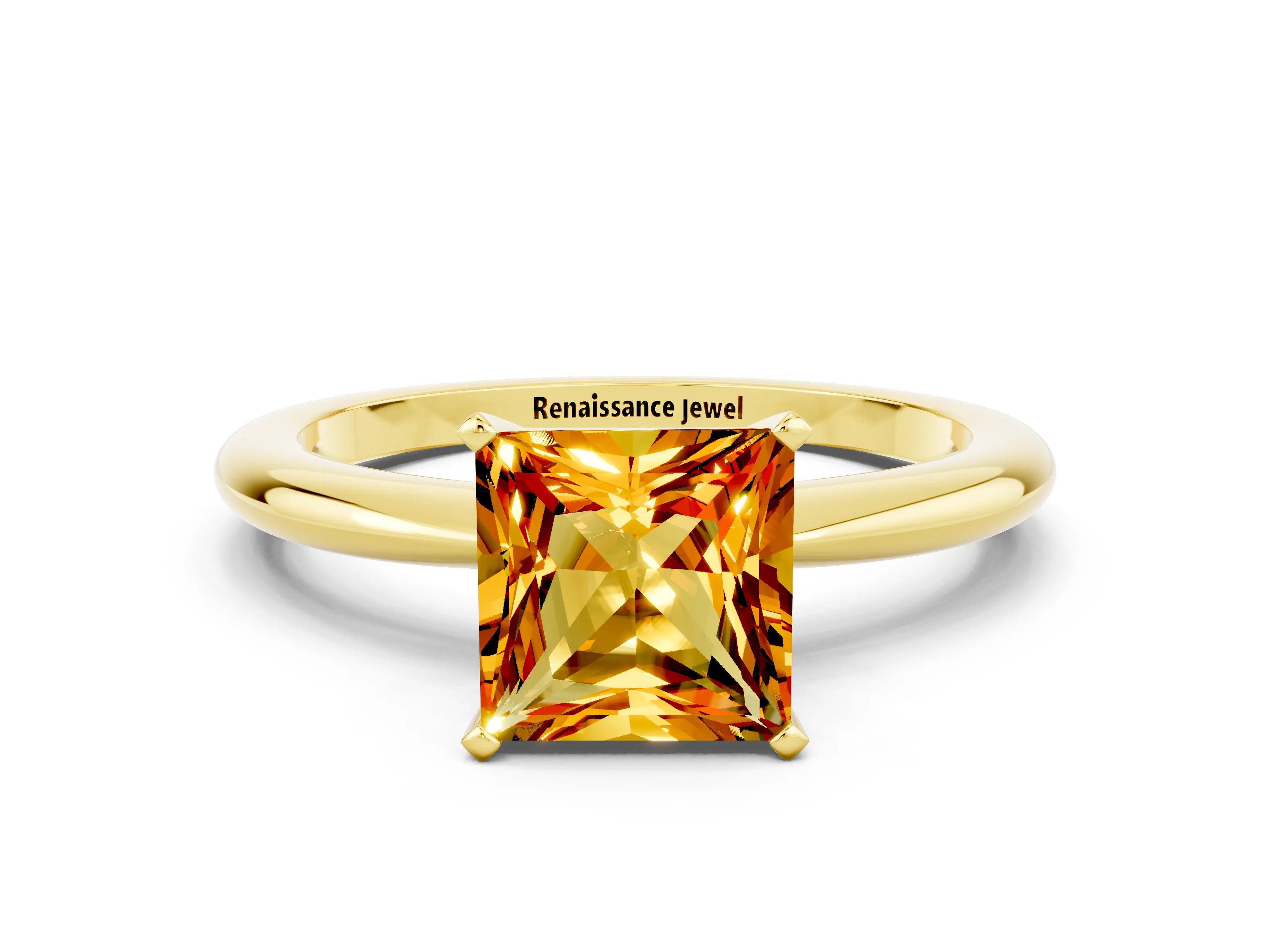 Yellow gold Princess Cut Citrine Solitaire Ring with Six-Prong Setting and Classic Band