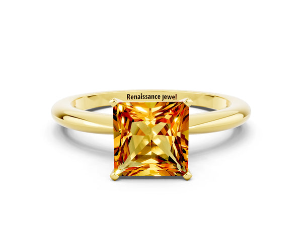 Yellow gold Princess Cut Citrine Solitaire Ring with Six-Prong Setting and Classic Band