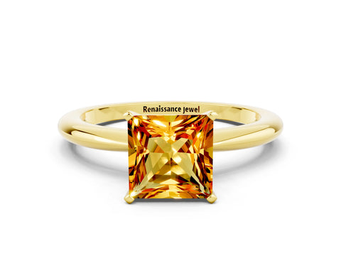 Yellow gold Princess Cut Citrine Solitaire Ring with Six-Prong Setting and Classic Band