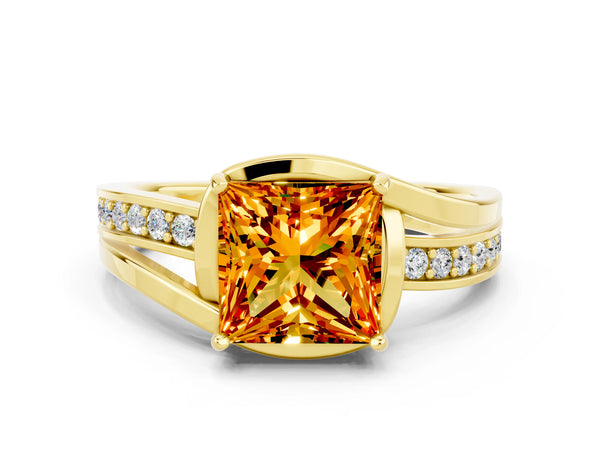 Yellow gold Princess Cut Citrine Solitaire Ring with Split Shank and Prong Setting