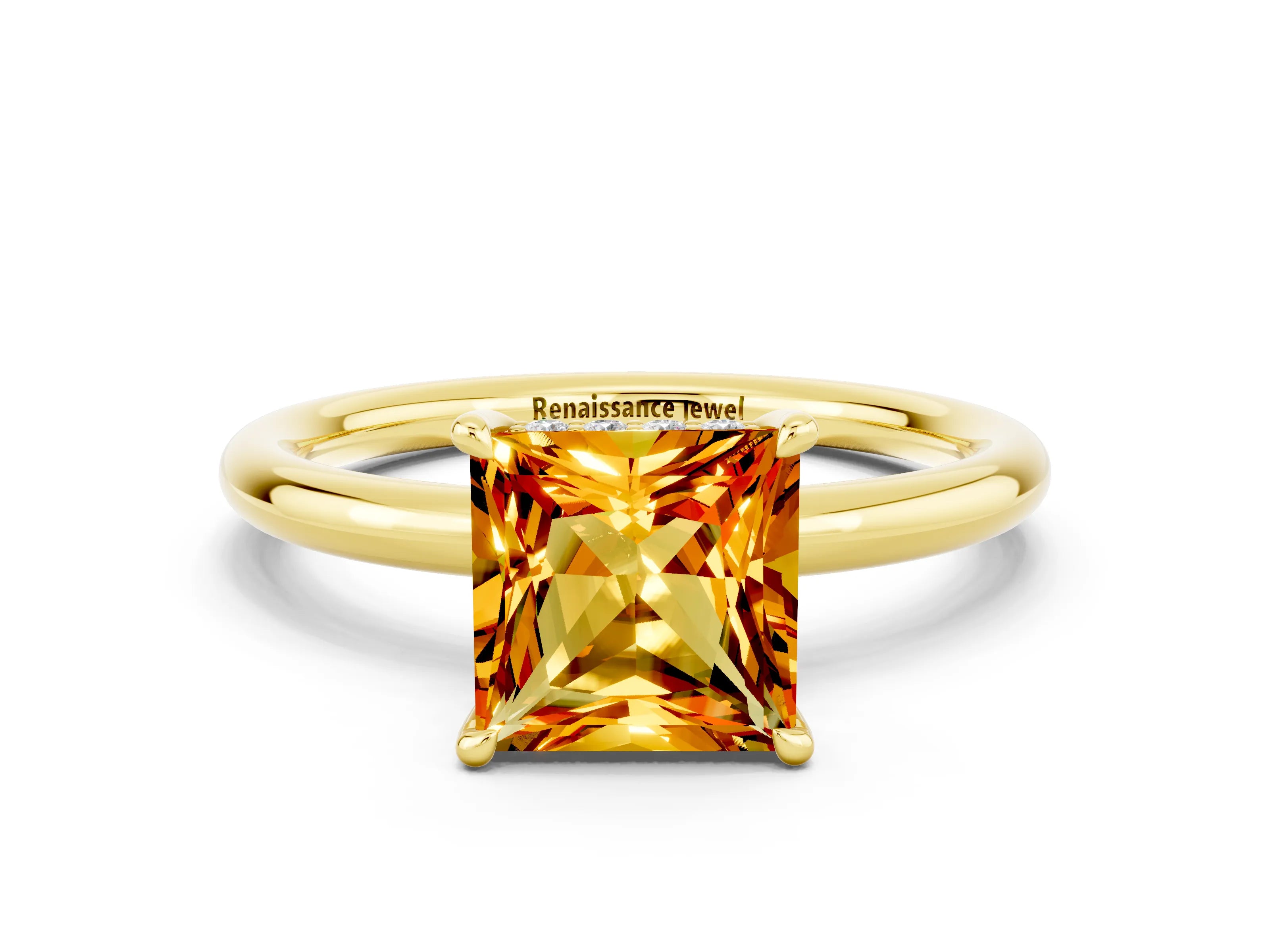 Yellow gold Princess Cut Citrine Solitaire Ring with Thin Band and Four-Prong Setting