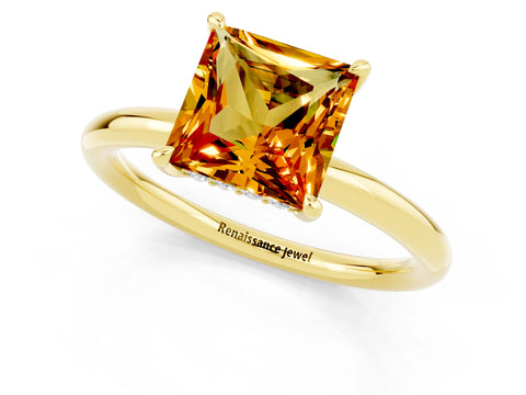 Yellow gold Princess Cut Citrine Solitaire Ring with Thin Band and Four-Prong Setting_1
