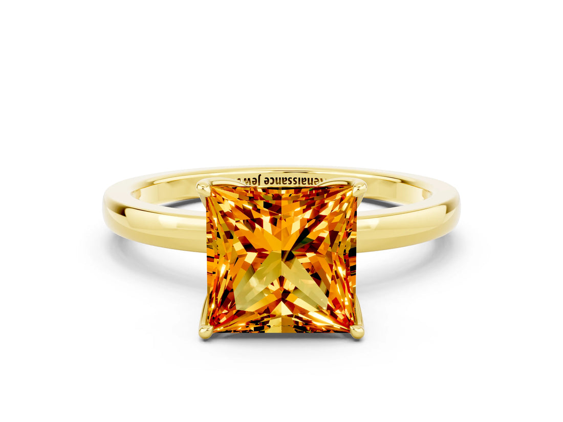 Yellow gold Princess Cut Citrine Solitaire Ring with Thin Band and Prong Setting_12