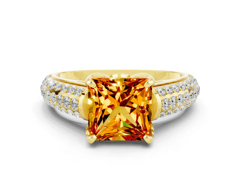 Yellow gold Princess Cut Citrine Solitaire Ring with Three-Row Pavé Band and Four-Prong Setting_12
