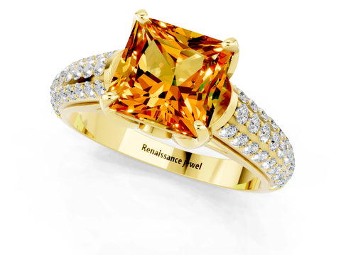 Yellow gold Princess Cut Citrine Solitaire Ring with Three-Row Pavé Band and Four-Prong Setting_13