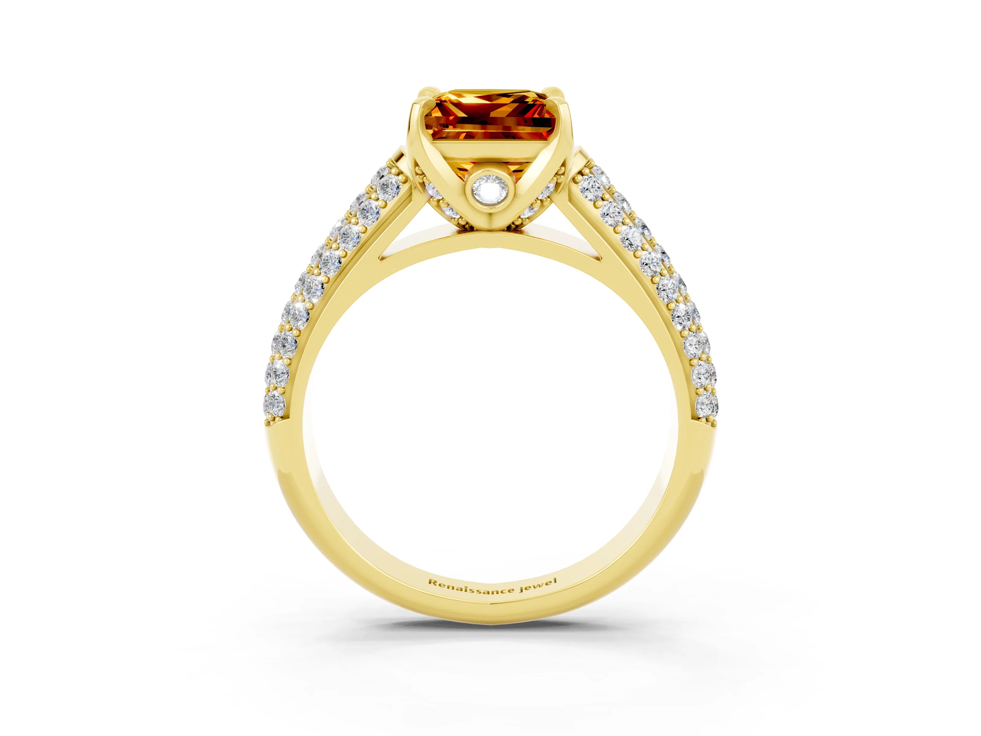 Yellow gold Princess Cut Citrine Solitaire Ring with Three-Row Pavé Band and Four-Prong Setting_15