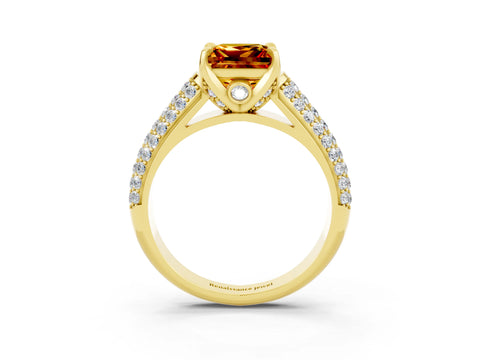 Yellow gold Princess Cut Citrine Solitaire Ring with Three-Row Pavé Band and Four-Prong Setting_15
