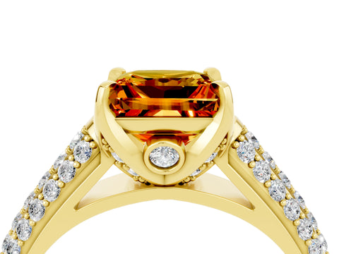 Yellow gold Princess Cut Citrine Solitaire Ring with Three-Row Pavé Band and Four-Prong Setting_16